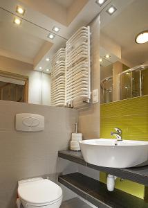 een badkamer met een wastafel, een toilet en een spiegel bij domy szeregowe Nasza Chata - 4 minuty od plaży in Pobierowo