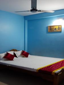 a blue room with a bed with red pillows at Hotel Star Lodge Puri in Puri