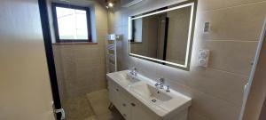 une salle de bain avec un lavabo et un miroir dans l'établissement Maison de vacances vue panoramique le Pailler 4 à 9 personnes, à Millau 14 autres photos