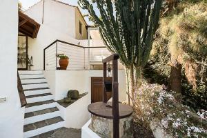 uma casa branca com escadas e uma palmeira em Casa típica canaria en el Parque Rural de Doramas em Teror