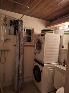 een wasruimte met een wasmachine en een raam bij Mini Lyngen in Jægervatnet