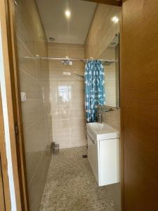 La salle de bains est pourvue d'une douche, de toilettes et d'un lavabo. dans l'établissement Charming T2 with balcony and view of the port, à Marseille