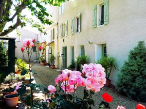 Cazouls-lès-Béziers的住宿－Chambres d'hotes Béziers La Noria，一群粉红色的花在一座建筑前
