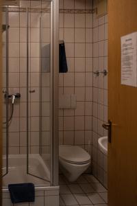 y baño con aseo, ducha y lavamanos. en Cafe Alte Backstubn, en Spalt