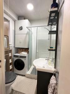 La petite salle de bains est pourvue d'un lavabo et d'un lave-linge. dans l'établissement Studio avec vue Mer au pied de la Plage, à Saint-Cyprien