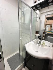 La salle de bains est pourvue d'un lavabo et d'une douche. dans l'établissement Studio avec vue Mer au pied de la Plage, à Saint-Cyprien