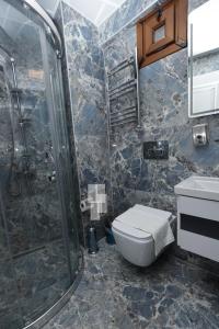 Sareban Hotel Istanbul في إسطنبول: حمام مع دش ومرحاض ومغسلة