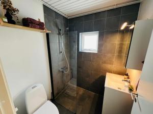 a bathroom with a shower and a toilet and a sink at The Old Hotel Silkeborg - 1MTH in Silkeborg