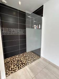 a bathroom with a shower with black and gold tiles at Maison privative 6 chambres in Champhol