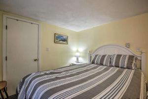a bedroom with a large bed with a striped blanket at Ground Floor Unit - The Americana in Hampton
