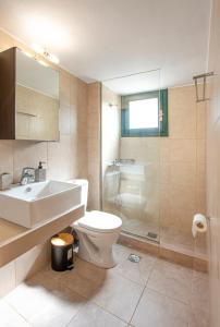 Un baño con inodoro, lavabo y ducha. en Madrugada, en La Canea