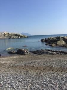einen felsigen Strand mit Felsen im Wasser in der Unterkunft Quarto Mare con giardino in Genua