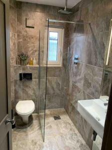 a bathroom with a shower and a toilet and a sink at Historical Police Station Building l Central Cambridge I Park View in Cambridge