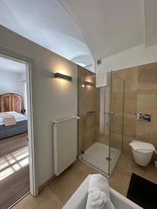 a bathroom with a shower and a toilet and a tub at Schloß Ort in Passau