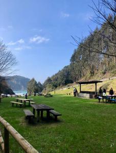 a group of picnic tables in a park near the water at Del Valle 1 in Cudillero