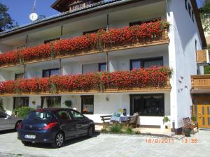 um carro estacionado em frente a um edifício com flores vermelhas em Haus Iris em Bodenmais