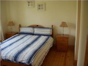 um quarto com uma cama com duas mesas de cabeceira e dois candeeiros em House Overlooking Ballinskelligs Bay em Waterville