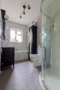 a bathroom with a shower and a toilet and a sink at GuestReady - Tranquil Retreat in Kimmage in Crumlin