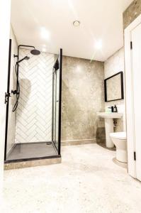 a bathroom with a shower with a toilet and a sink at Guestready - Encantando 1BR Flat no Newmarket Hall in Dublin
