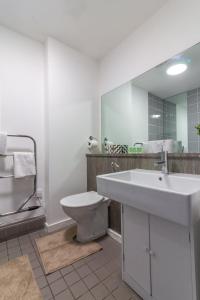 bagno con lavandino, servizi igienici e specchio di GuestReady - Royal Canal Park Chic Getaway a Dublino