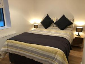 1 dormitorio con 1 cama grande y 2 lámparas en Sunville Cottage, en Limerick