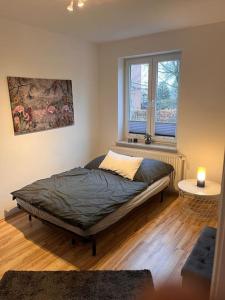 - une chambre avec un lit dans une pièce dotée d'une fenêtre dans l'établissement Tolles Appartement, zentrumsnahe 2 Schlafzimmer, à Lübeck