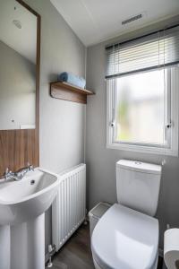 a bathroom with a toilet and a sink and a mirror at Seton Sands-3 Bed Static Caravan in Port Seton