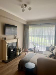 ein Wohnzimmer mit einem Bett und einem Kamin in der Unterkunft GuestReady - Lovely stay in Dublin in Dublin