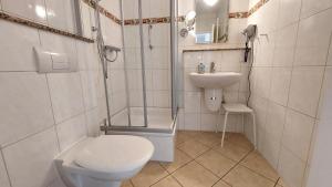 ein Badezimmer mit Dusche, Toilette und Waschbecken in der Unterkunft Villa Schwan by Rujana in Binz