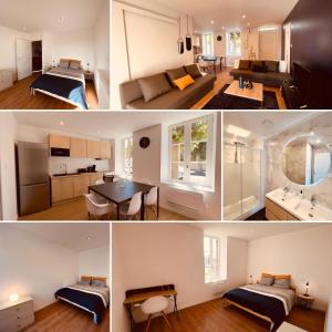 a collage of photos of a living room and a kitchen at Le Blue Sight in Montluçon