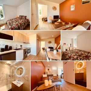 een collage van foto's van een hotelkamer bij Le Sweet Terracotta in Montluçon