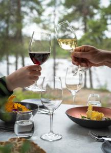 a group of people holding glasses of wine on a table at Wilderness Hotel Juutua in Inari