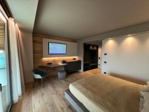 - une chambre avec un lit, un bureau et une télévision dans l'établissement Agriturismo Vedova, à Valdobbiadene