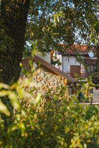 a house with a stone wall and a tree at Villa Leko Dream House in Cetina