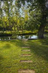 a stepping stone path in a park next to a pond at Villa Leko Dream House in Cetina