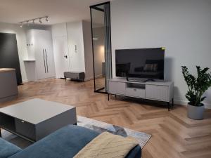a living room with a couch and a tv at Wilcza City Center Apartments in Gdańsk