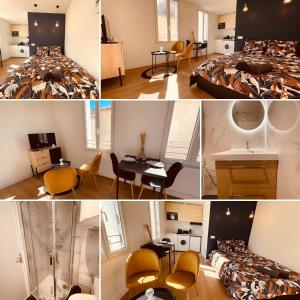 eine Collage mit Fotos eines Zimmers mit einem Bett in der Unterkunft Le Deep Blue - Home Homy in Niort