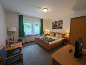een hotelkamer met een bed en een bureau bij Haus Am Waldesrand in Herzberg am Harz