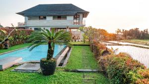 una casa con una palmera frente a una piscina en Dragonfly Cottage - 2Br Villa Jatiluwih, en Tabanan