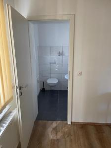 La salle de bains est pourvue de toilettes et d'un lavabo. dans l'établissement Delta Haus, à Gelsenkirchen