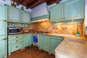 een keuken met groene kasten en een fornuis bovenste oven bij Villa Formaga - relax and view lake - Happy Rentals in Gargnano