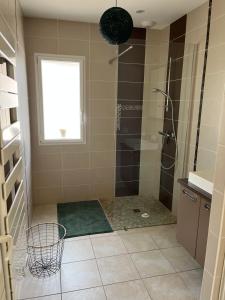 a bathroom with a shower and a sink at Charmante maison entre mer et forêt in Saint-Hilaire-de-Riez