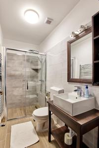 a bathroom with a sink and a shower and a toilet at Casa Alexandru – Locul în care te simți acasă in Vişeu de Jos