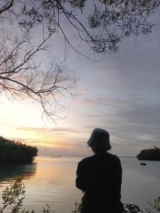 a person sitting on a rock looking out over a body of water at Camping club apwisindo chandra in Kema