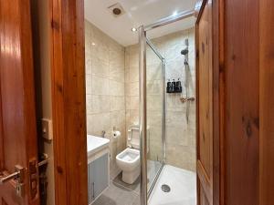 a bathroom with a toilet and a glass shower at Snug retreat in Reading in Earley