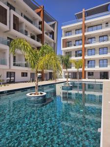 basen z palmą przed budynkiem w obiekcie One bedroom apartment, Universal Residences w Pafos