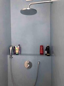 une douche dans une salle de bain avec une pomme de douche dans l'établissement Maison de maître - Les Marizys, à Vouziers 23 autres photos