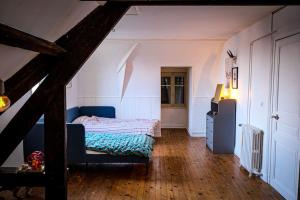 ein Schlafzimmer mit einem Bett und einem TV in der Unterkunft Maison de maître - Les Marizys in Vouziers