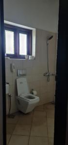 a bathroom with a toilet with a window and a shower at The Frangipani Marari Beach in Mararikulam