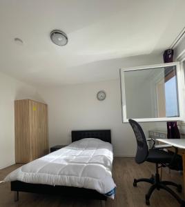 斯圖加特的住宿－Room in Apartment next to ST Hbf，一间卧室配有一张床、一张书桌和一面镜子